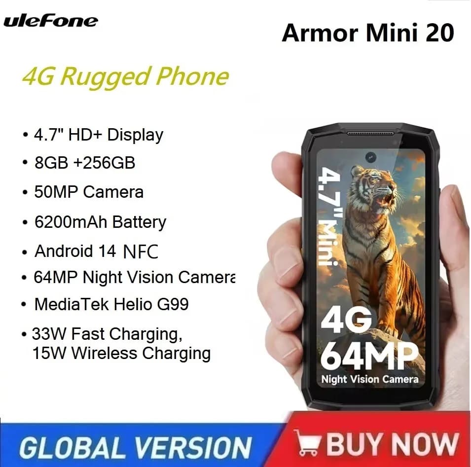 Ulefone Armor Mini 20 4G Telefono robusto 64MP Telecamera notturna 8GB 256GB 6200mAh Smartphone Android 14 Piccoli telefoni cellulari da 4,7 pollici NFC