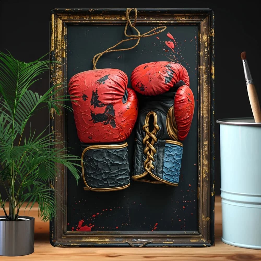 Vintage Boxing Gloves Pattern Metal Sign Retro Red Black Boxer Wall Plaque Gym Fitness Club Man Cave Home Bar Workout Room Wall
