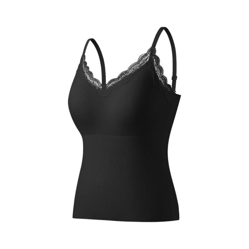 Biancheria intima termica da donna in pizzo semplice Maglia di velluto Slim Fit senza maniche Top caldo con scollo a V Canotta termica invernale da donna
