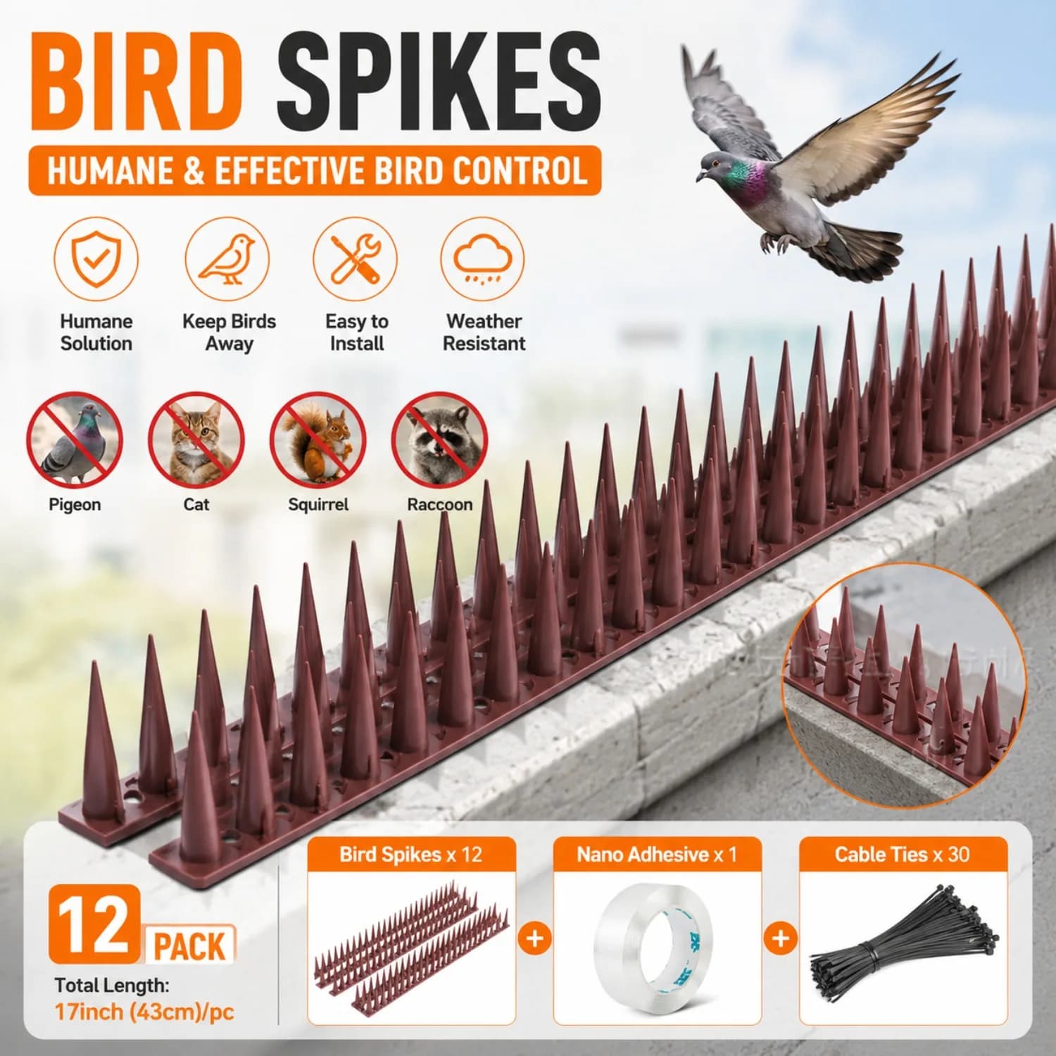 Bird Spikes,12pcs Pigeon Cat Squirrel Raccoon Animal Deterrent Spikes Anti-Climb for Outside Anti-Animal Defender Spikes
