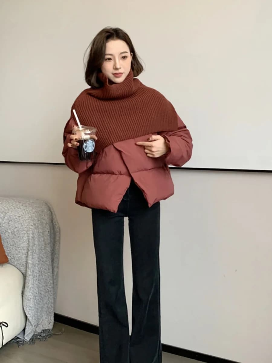 Thickened down Cotton Knitted Set Women's Autumn Winter Fashion Vintage High-End Feeling Coat And Scarf Asymmetrical Design