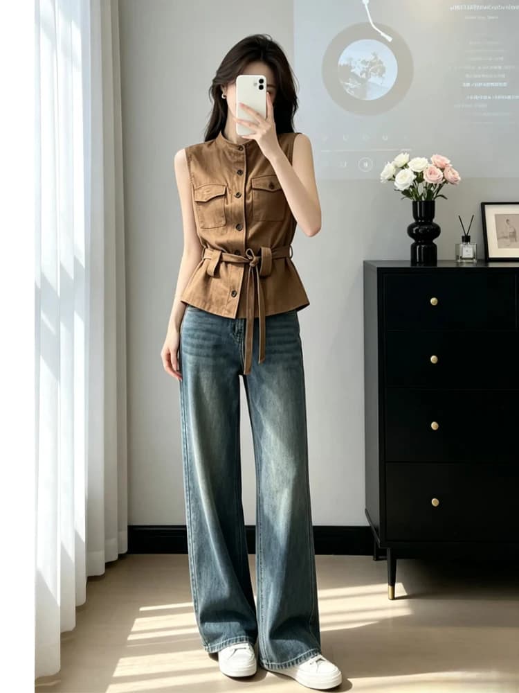 Elegant Old Money Style Belted Sleeveless Vest for Women Trendy Summer New Arrival Breathable Splice Design Casual Wear