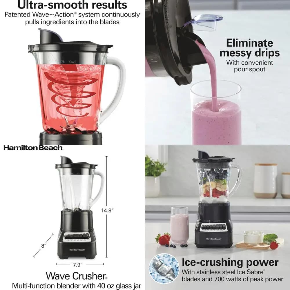 40 Oz Glass Blender with 14 Functions, Ice Tripping Blades, 700 Watt for Frullati - Black and Stainless Steel