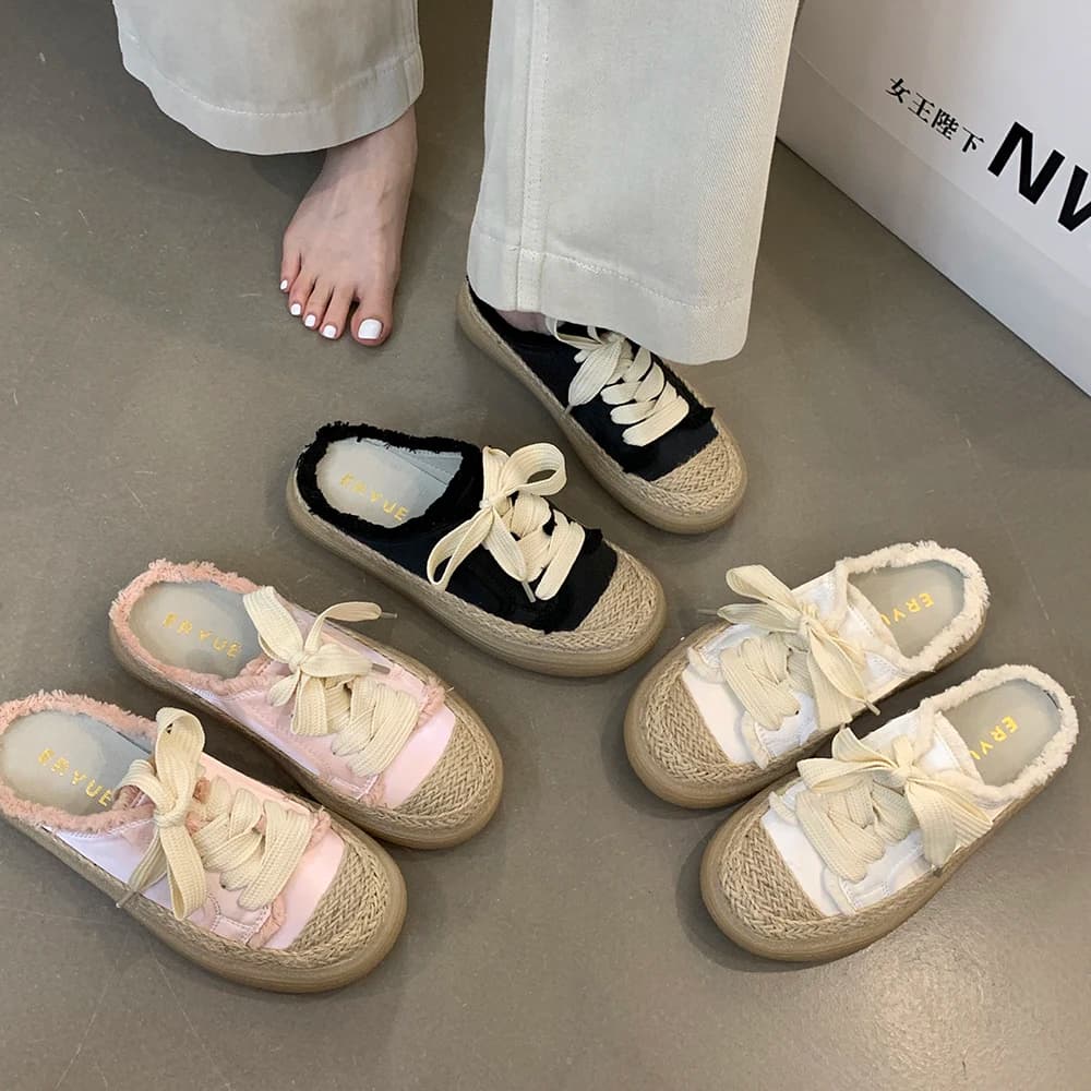 Canvas fishing shoes Baotou half summer slippers for women outdoor clothing 2025 lace senior sense background thick background pinion muffins