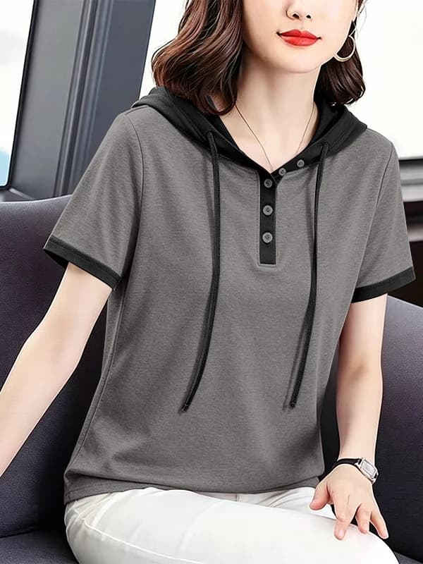 Summer Color Block Button up Hoodie Short Sleeve Women's T Shirt Loose Fit plus Size Slimming Cotton Blend Casual Top