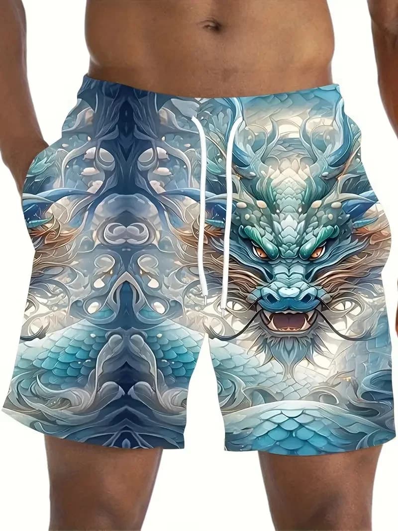 3D Dragon Print Beach Shorts Men's Plus Size Casual Swim Shorts New In Quick Dry Ice Board Short Hommes Streetwear