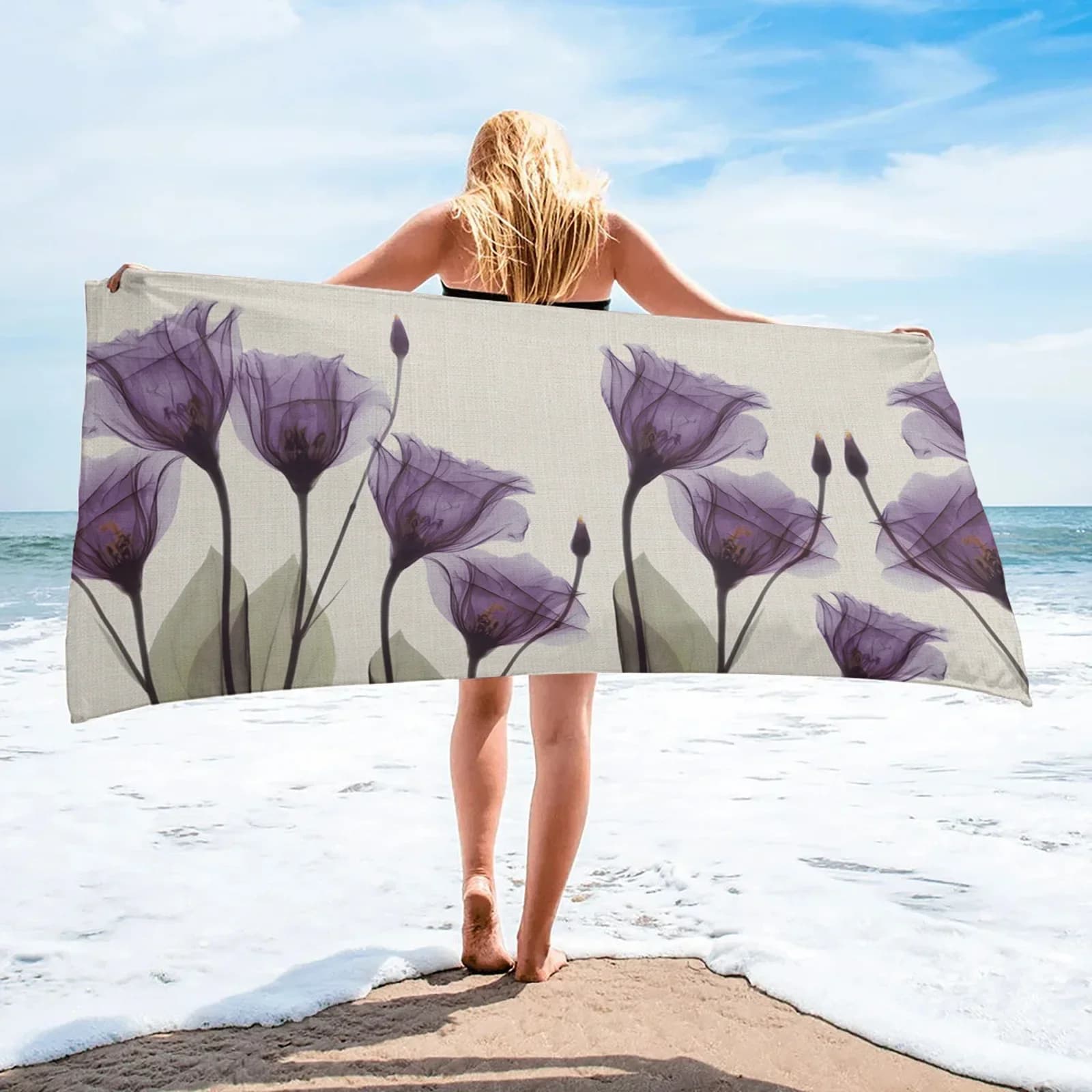 Asciugamani da spiaggia ad asciugatura rapida in microfibra con fiore di tulipano viola Asciugamano da viaggio morbido da campeggio portatile Picnic Yoga Palestra Decorazioni per la casa Regali per le donne