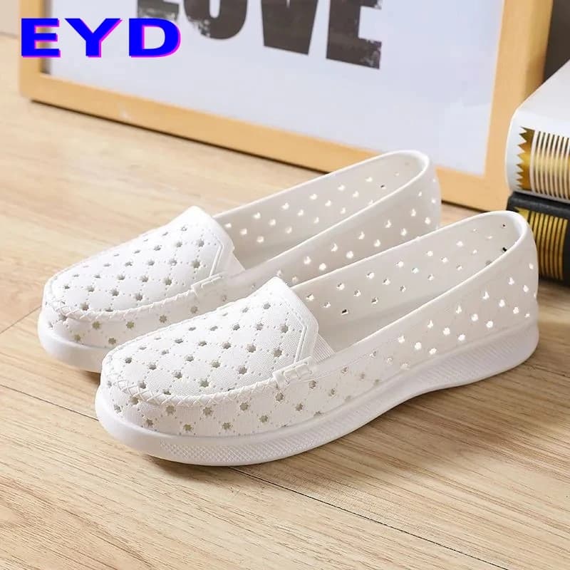 Women's Summer Hollow out Flat Heel Slip-On Shoes Casual Work Shoes Anti-Slip Cool Sandals Soft Bottom Nursing Shoes