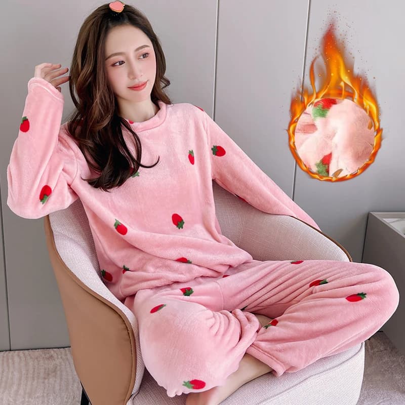 FINETOO Thermal Velvet Jacquard Sleepwear For Women Cute Strawberry Thickened Keep Warm Loungewear Ladies Comfortable Pajama Set