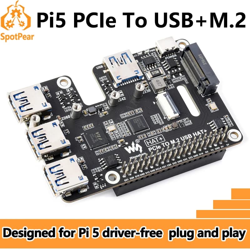 Raspberry Pi 5 PCIe expansion card to USB Gen1 HUB and M.2 NVMe SSD PI5 HAT+