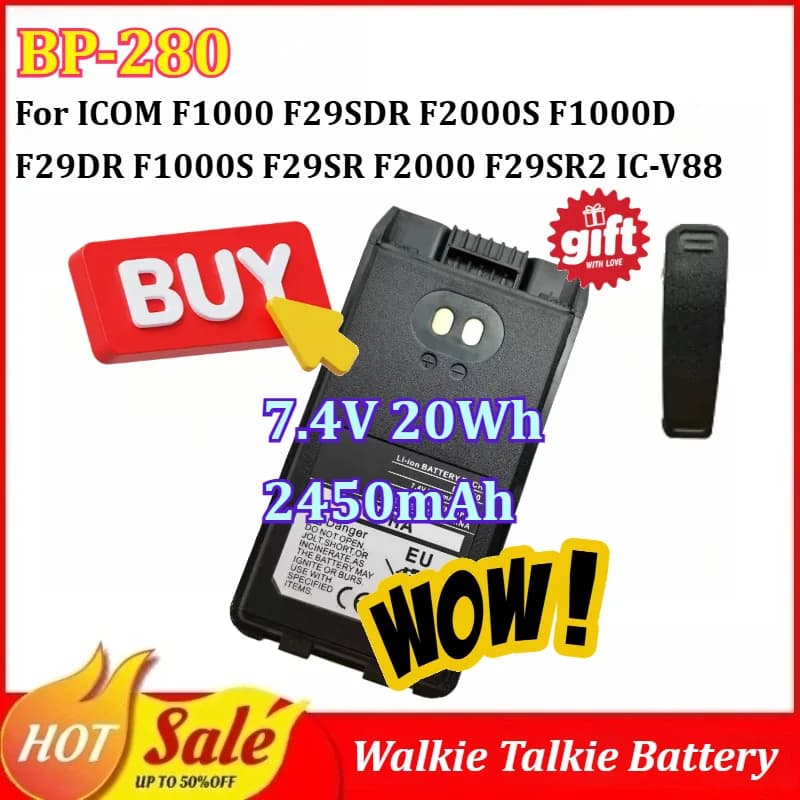 Nuova Batteria BP-280 7.4V 2450mAh per Walkie Talkie ICOM F1000 F29SDR F2000S F1000D F29DR F1000S F29SR F2000 F29SR2 IC-V88 F29DR2