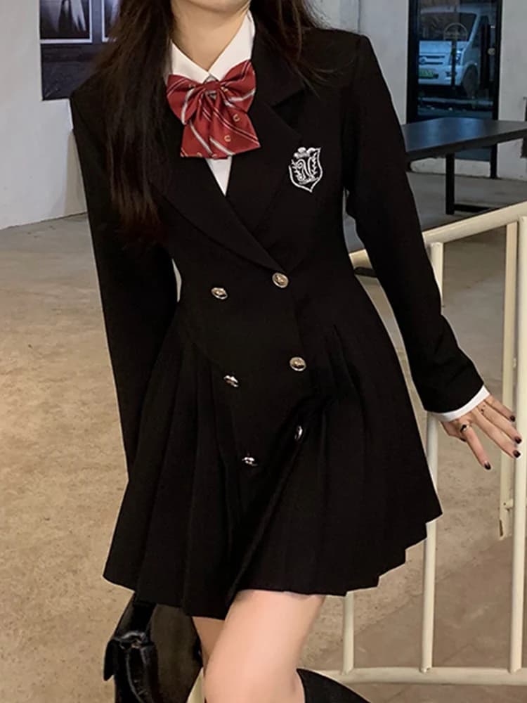 Sweet Style Suit Dress Korean Drama Main Character Waist Cinched Beautiful Skirt College Style High Waist Double Breaste...