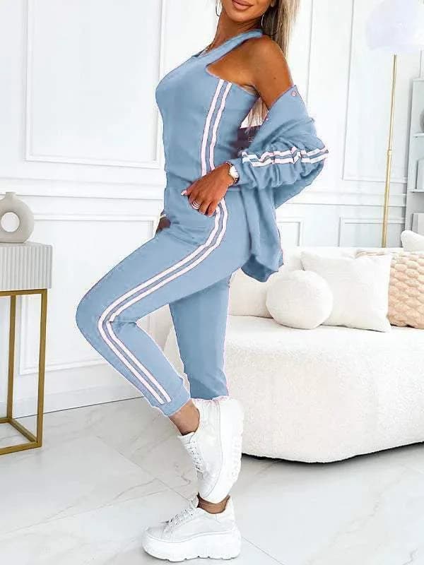 Sportivo Casual 3 Pezzi Set Donna Manica Lunga Strisce Giacca Abito Autunno Skinny Canotte e Cappotto Pantaloni Set Tuta da Donna