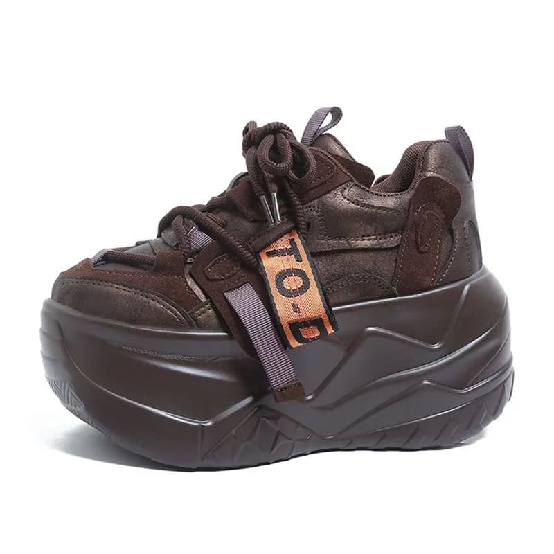 9cm 2026 Leather Shoes for Women Lace Up Womens Vulcanize Shoes Round Toe Solid Breathable Comfortable Casual Chunky Sneakers