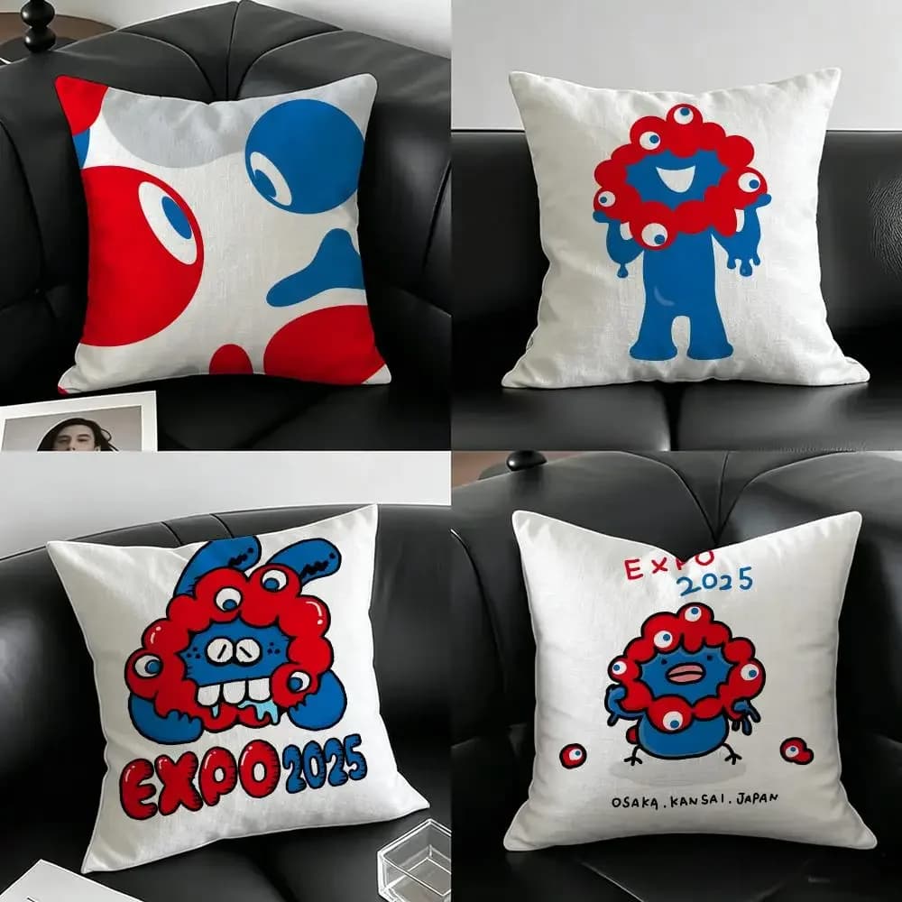 Expo Mascot Myaku-Myaku Cushion Cover Natural Linen Pillowcase Set, All-in-One Decor for Sofa, Bedroom & Chair