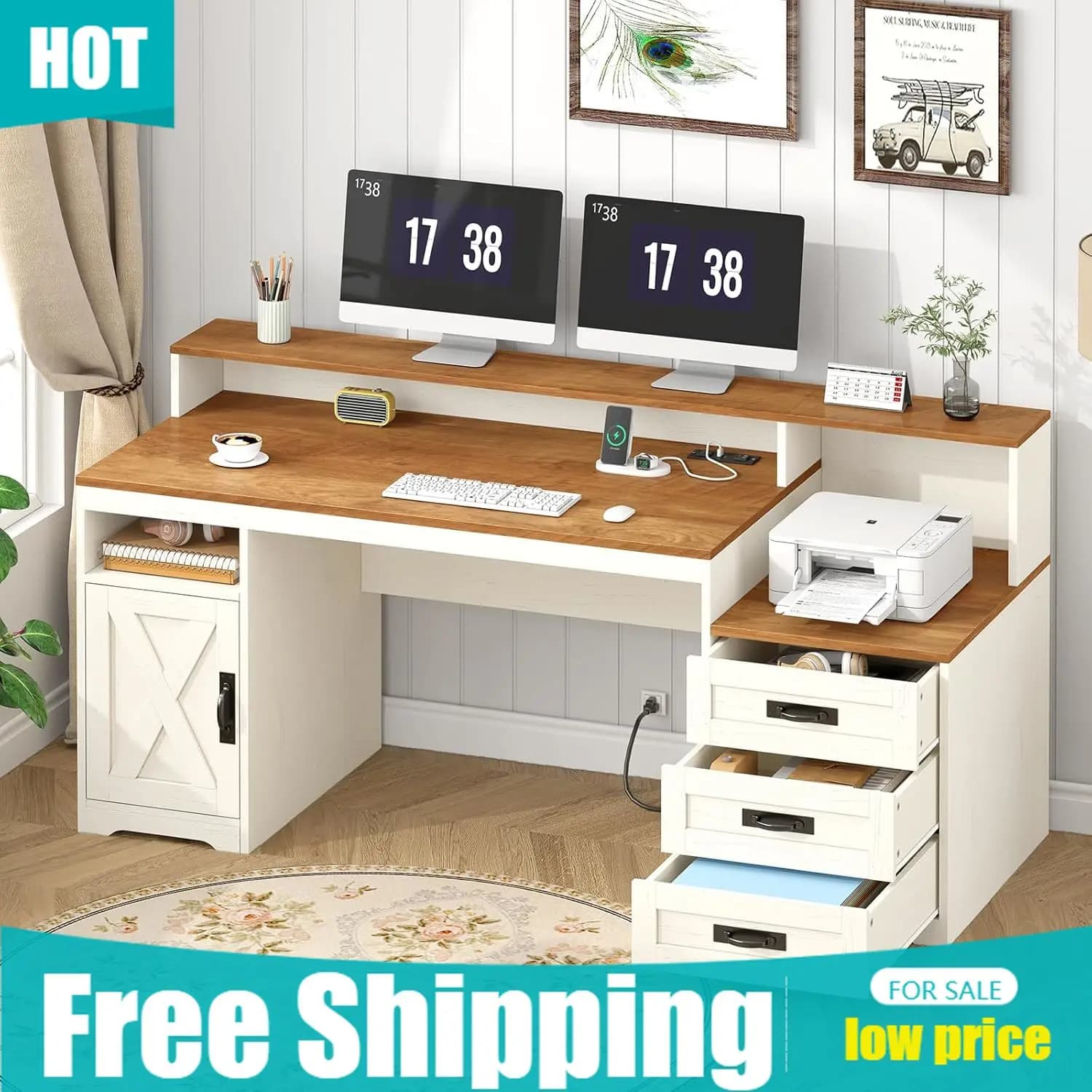 Scrivania da Ufficio Stile Fattoria con Cassetti, Prese Elettriche, Mobile Contenitore, Supporto Stampante, Scrivania per Studio e Scrittura, Supporto Lungo per Monitor, Marrone Bianco