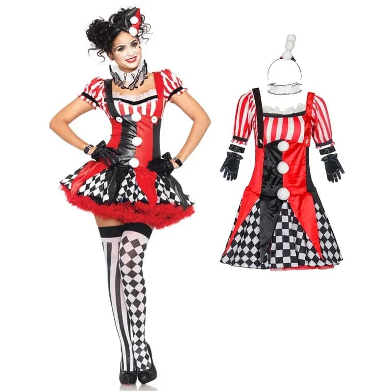 4 pezzi donne adulte divertente costume da circo clown femminile cosplay carnevale halloween vestito operato abbigliamento da prestazione XB8909s;2'd,5.h;