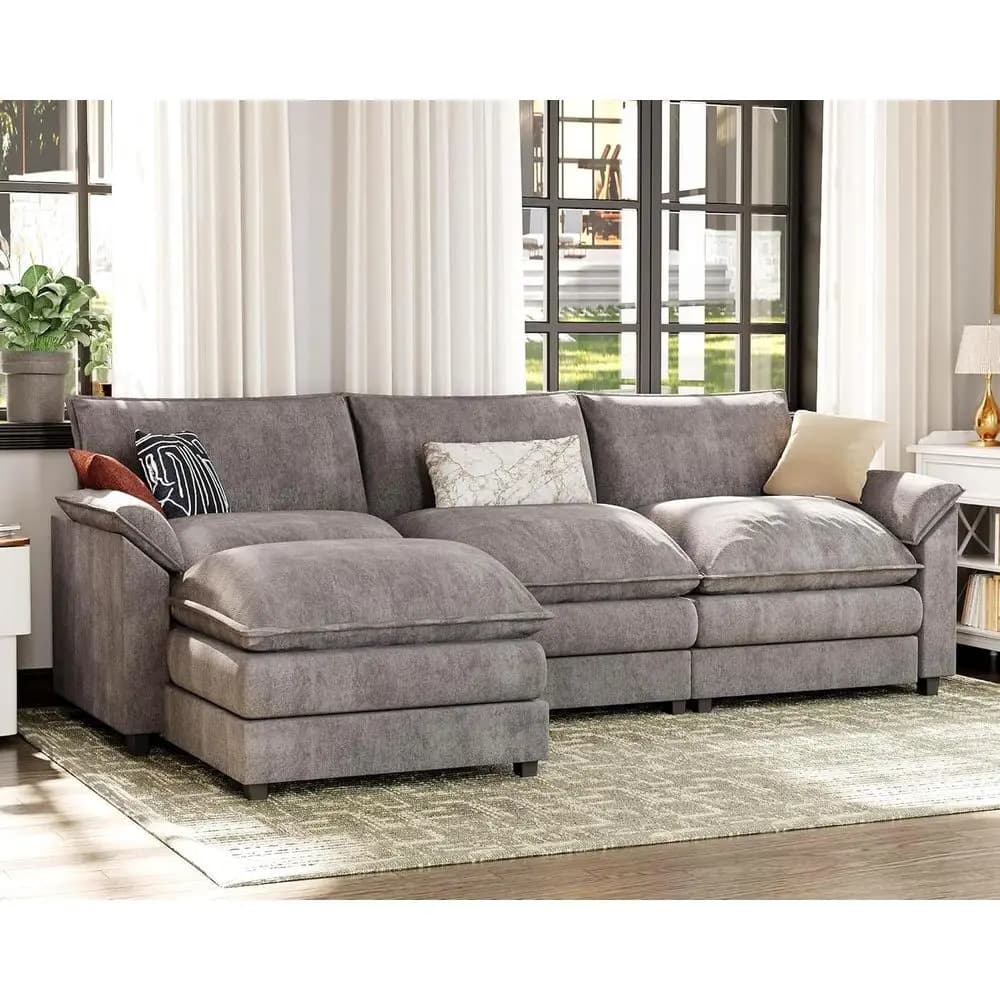 Sectional Sofa with Ottoman, Chenille Fabric, Metal Legs, Convertible 3-Seat Couch, Gray L-Shape Living Room Furniture