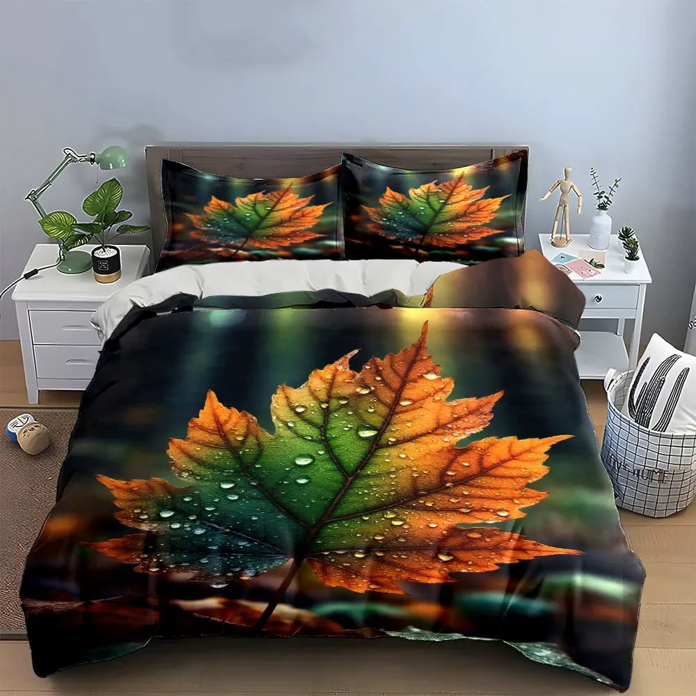 Set di biancheria da letto con decorazioni a foglie colorate, con 1 copripiumino e 2 federe, singolo, matrimoniale, king, queen, regalo