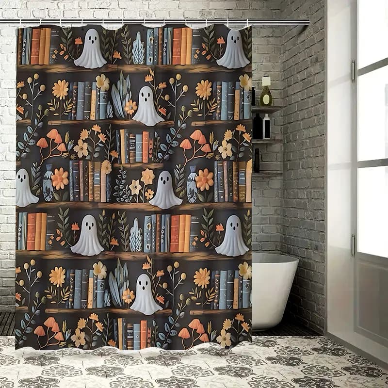 Tenda da doccia spettrale di Halloween con design fantasma e libreria: perfetta per un divertimento e un'arredamento festivo del bagno, facile da pulire
