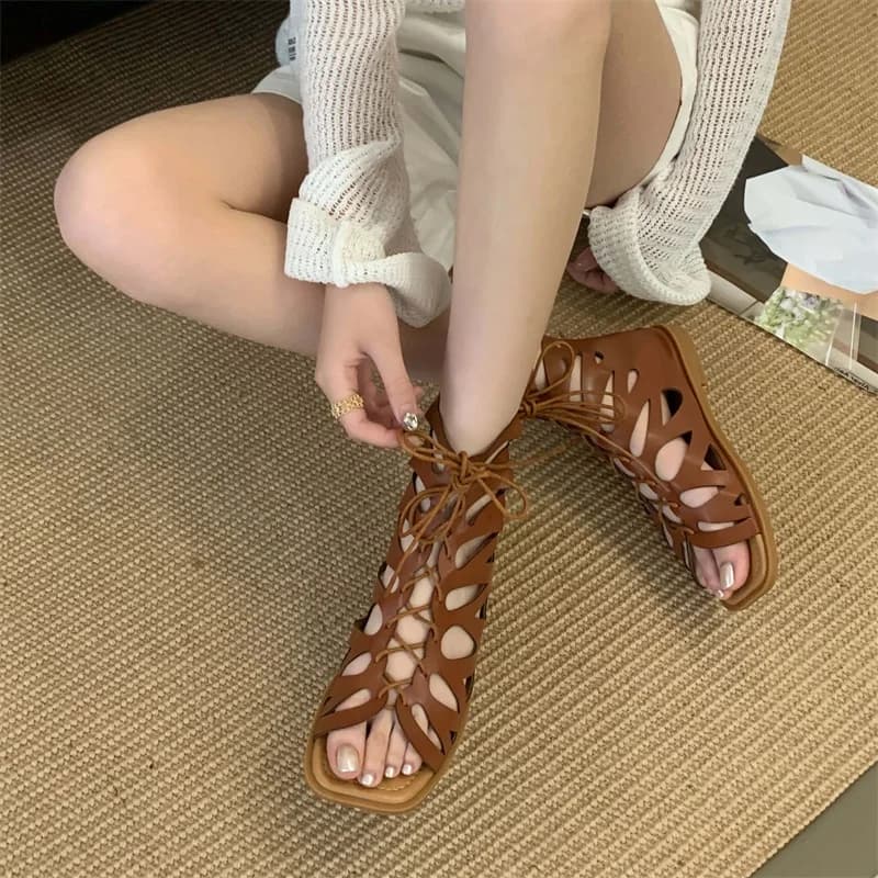 Aneikeh Gladiator Hollow Out Low Heel Ankle Sandals Boots Summer Fashion Square Head Cover Heel Cross Tie Straps Lady Shoes