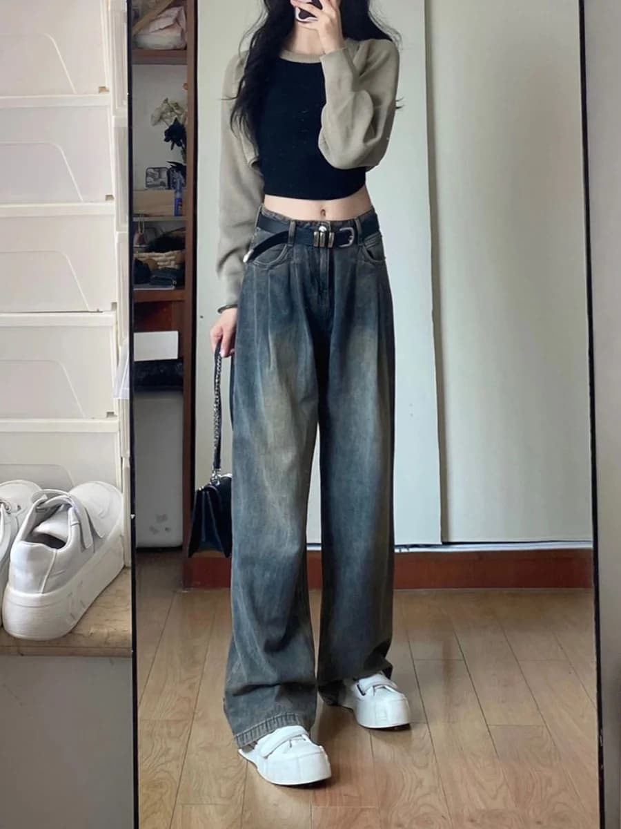 Fleece Lined Cement Grey Denim Jeans Women's Autumn Winter plus Size Loose Straight Leg Wide Leg Pants High Waist Vintage Sli...
