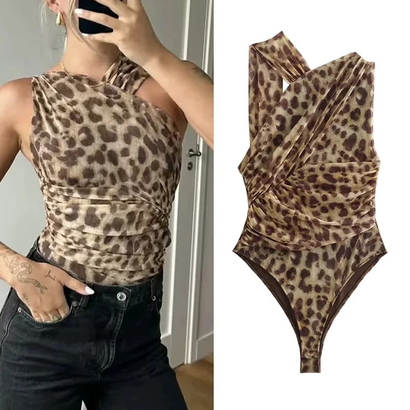 MUJER 2025 Corpo donna Body senza maniche in rete con stampa leopardata Donna Estate Tulle con spalle scoperte Body attillato Lingerie Corpo sexy