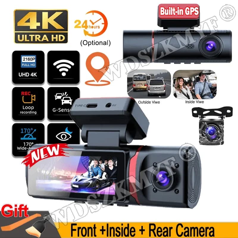 3 car lenses DVR 4K WIFI GPS Car Dash Cam Video recorder 1080P in front and rear view cameras Parking monitor 24 hours Black box
