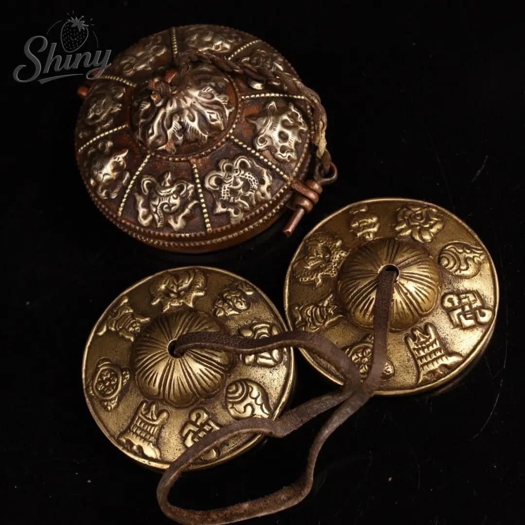 3.5"Tibetan Temple Collection Old Bronze Cinnabar Eight Treasure Pattern Old Ringing Bell Amulet Bell Ringing Box set Town House