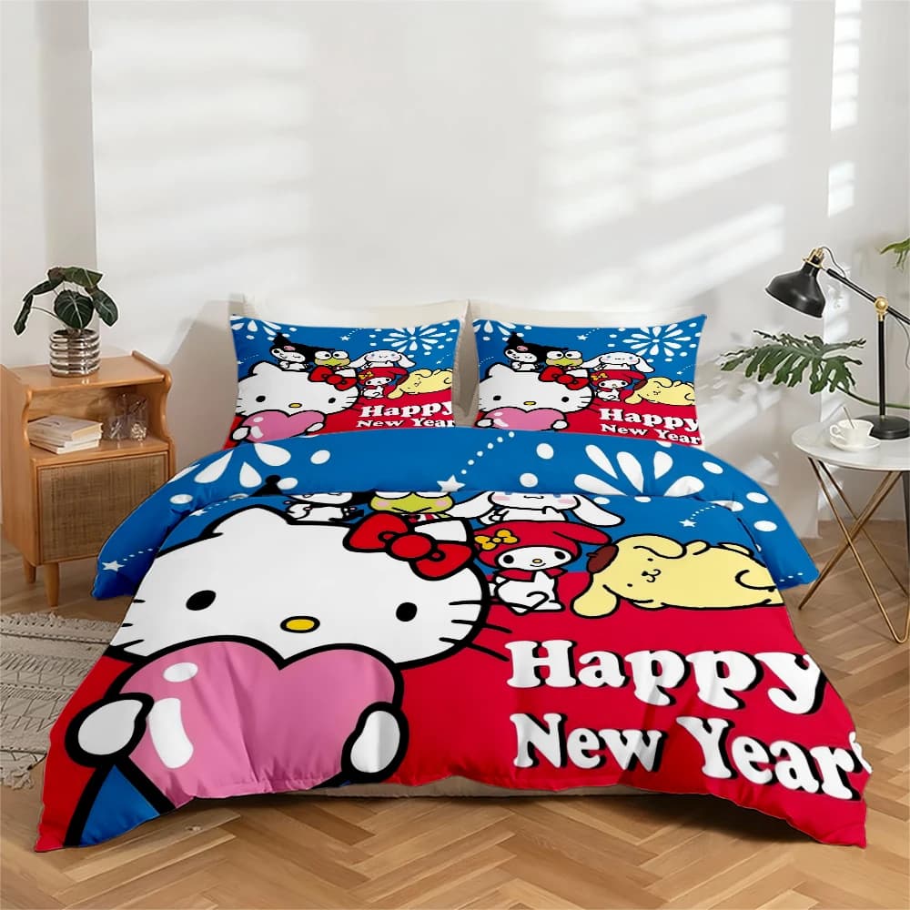 Bed linen set with high definition digital print in 3 pieces with Hello Kitty and other cartoon characters, set headdress with big pattern, includes 1 headdress + 2 pillowcase, suitable for bedroom, guest room, home decorations, duvet cover + polyester fiber pillowcase, ultra soft bed linen, thick fabric, suitable for all seasons, washing machine
