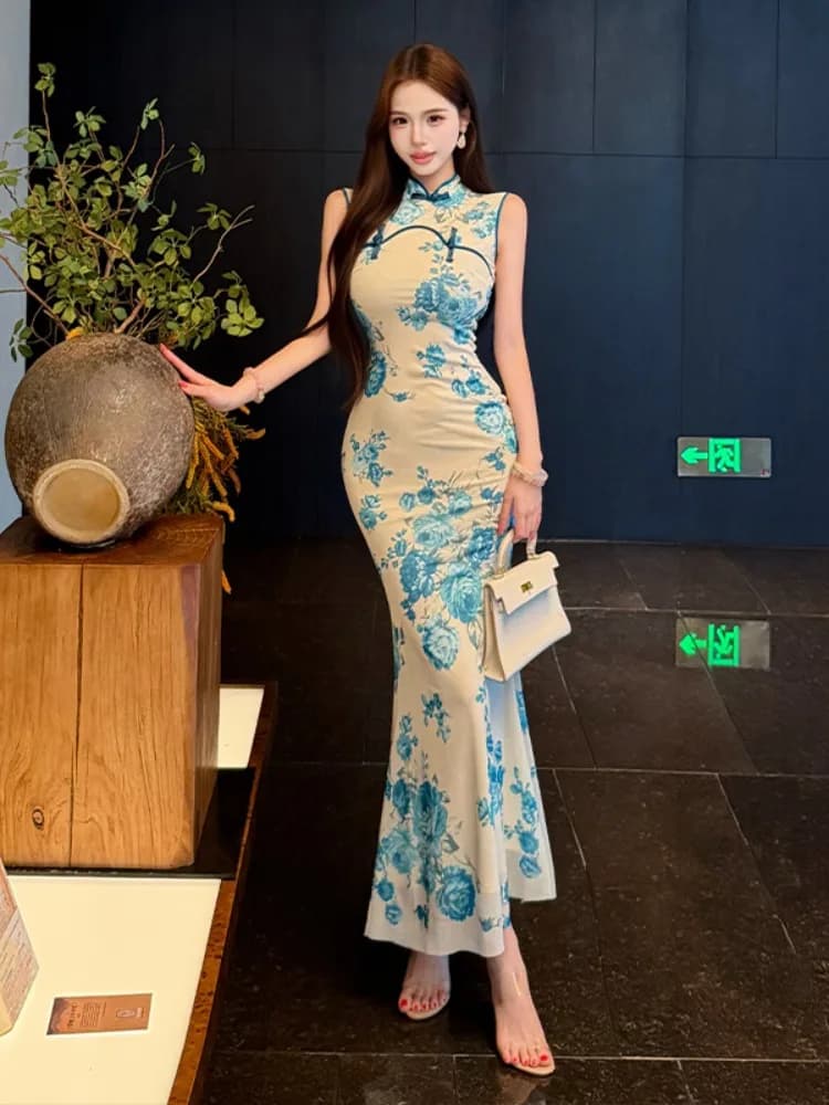 Elegant New Chinese Style Retro Improved Qipao Dress Women's High Waist Slimming Fish Tail Skirt Blue And White Porcelain Print