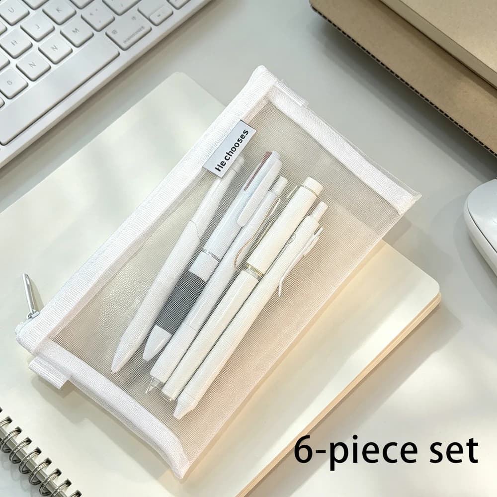 Minimalist Clear Mesh Pencil Bag Set, 5pcs Writing Pens + Nylon Pouch, Stationery Organizer for Students & Office