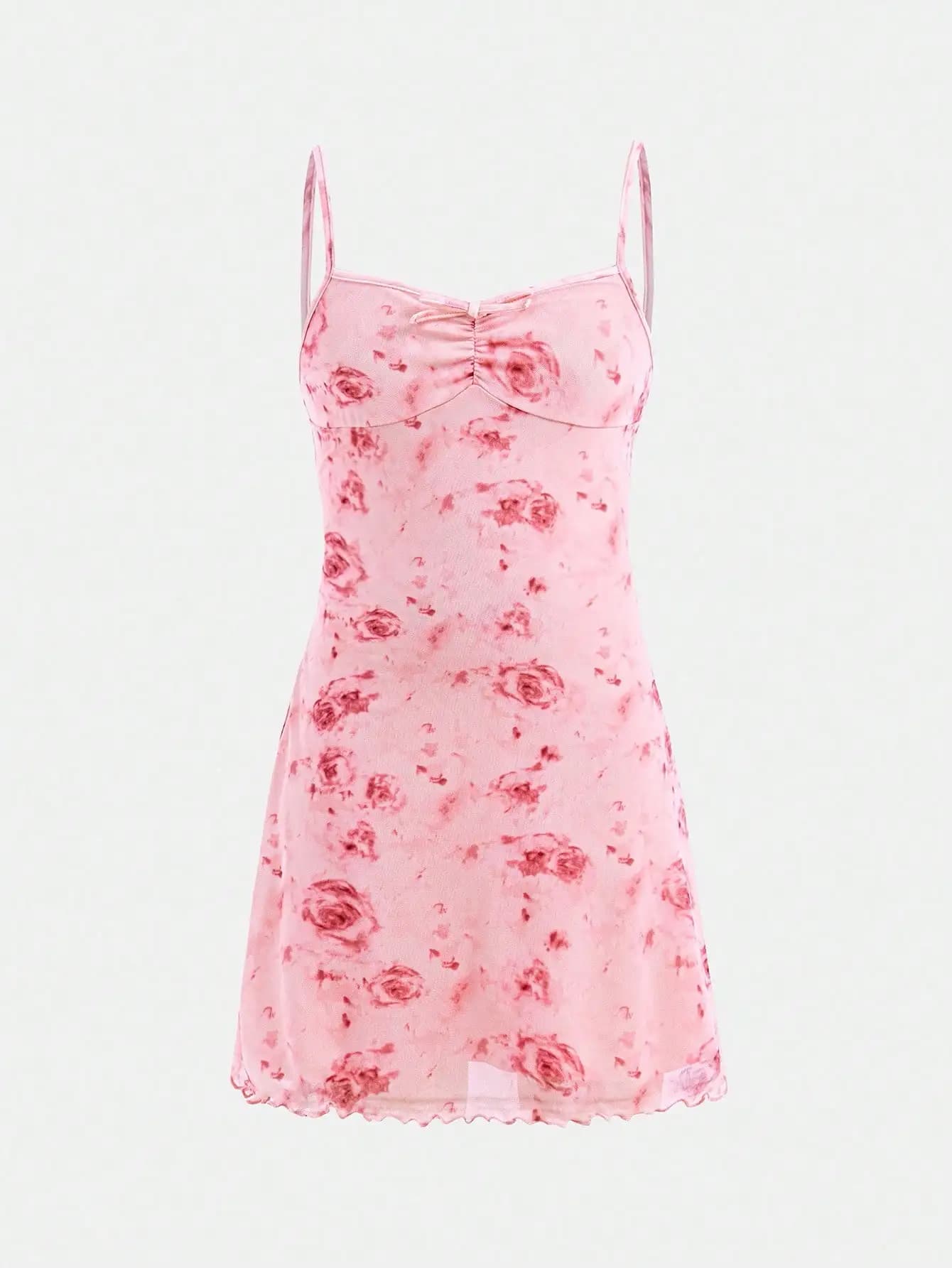 Pink Floral Print Spaghetti Strap Camisole Mini Dress Women Summer Resort Style