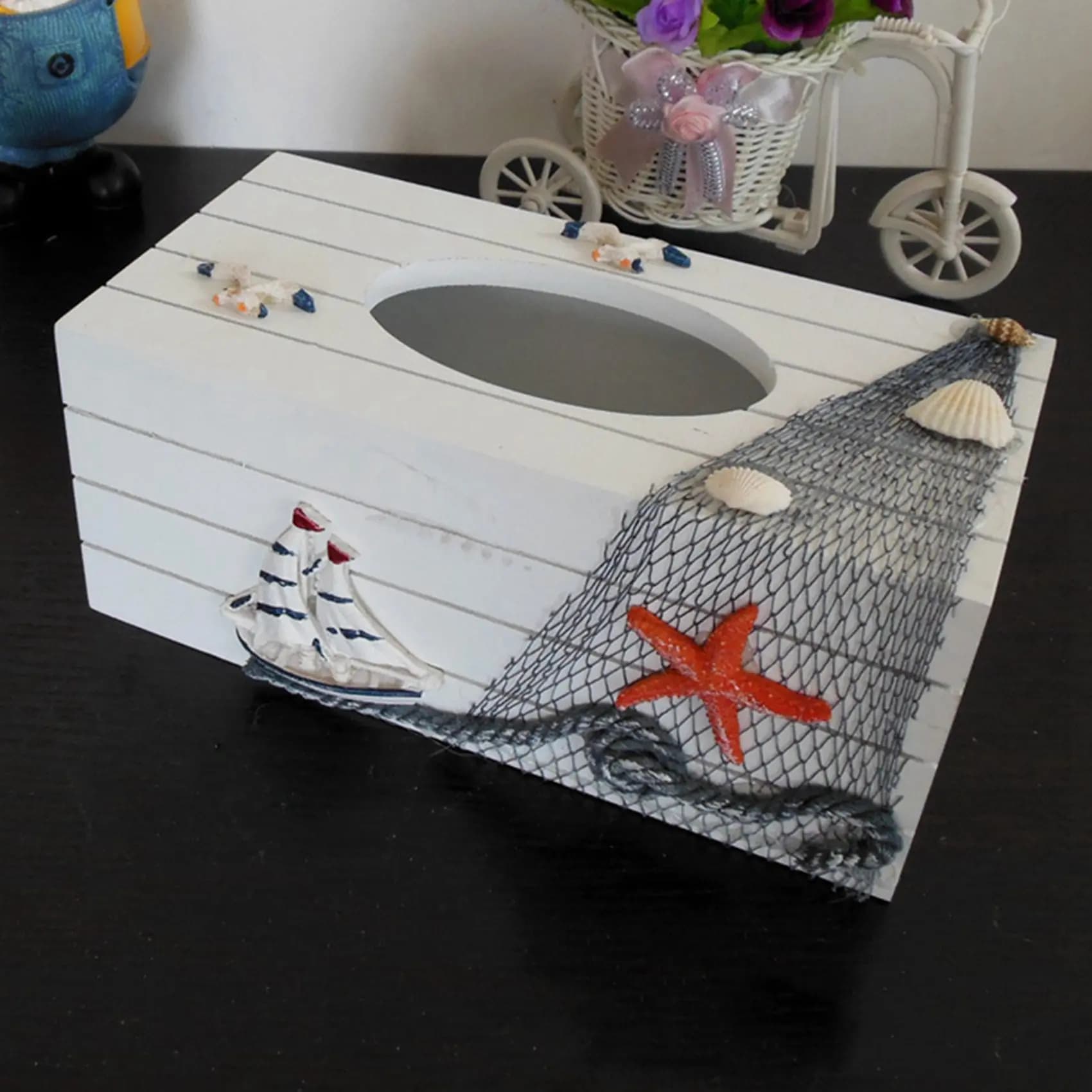 A84E-2X Porta Fazzoletti in Stile Mediterraneo Serie Marina, Decorazione per la Casa, Porta Carta Igienica in Legno