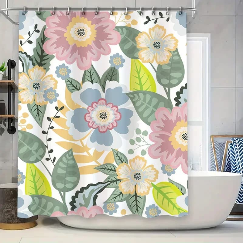 Set di tende da doccia con stampa florealeAsciugamano da bagno rosa verde blu giallo bianco Otturatore per finestra decorativo impermeabile 6 ganci per bagno
