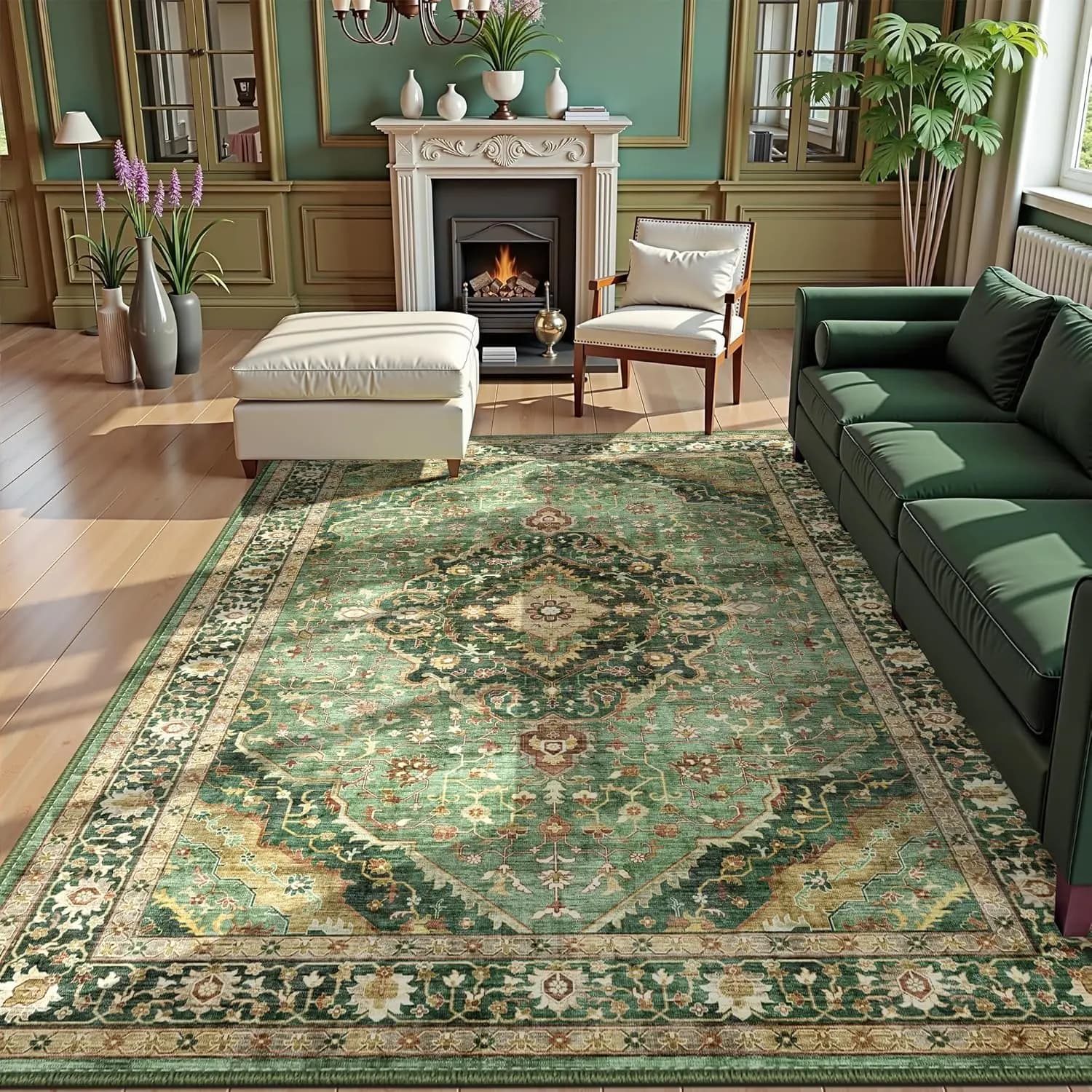 Vintage Floral Carpet Washable 5x7, Green Moquette For Living Room Bedroom Office