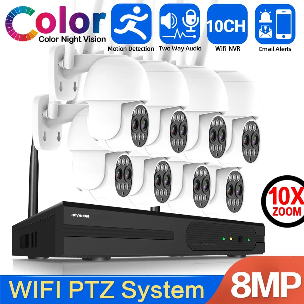 Sistema di sorveglianza wireless Wifi a 8 canali Kit NVR 4K 10CH Monitoraggio automatico CCTV Kit sistema di telecamere di sicurezza PTZ Visione notturna a colori