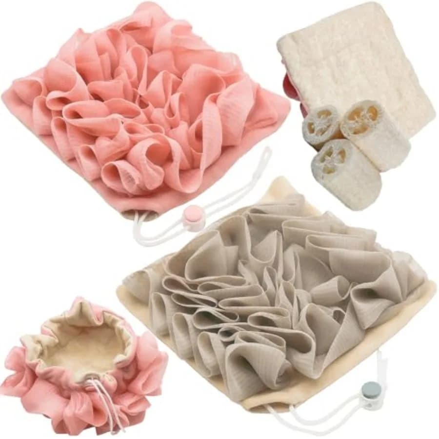 2 Pcs bar soap Pouch Washcloth Loofah Natural Loofah Sponge Exfoliating Body Scrubber, Towel Weave Bath Ball with Drawstring, D