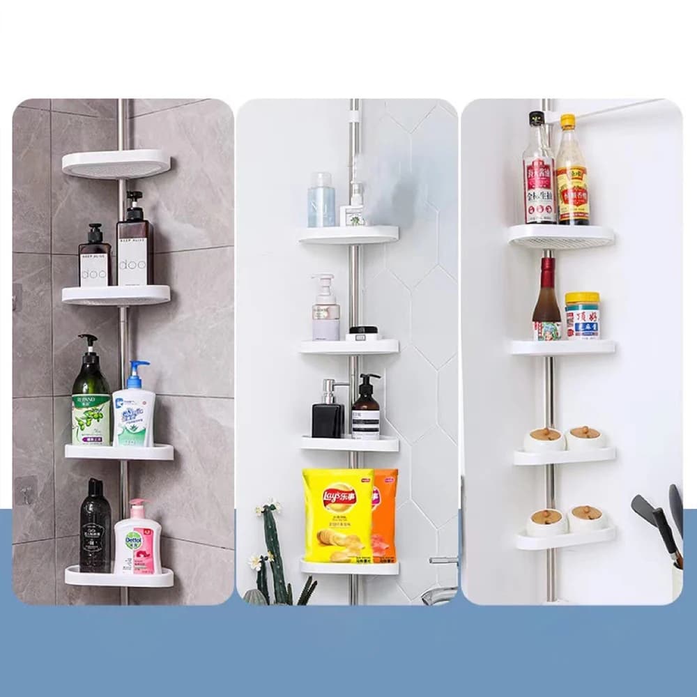 Palo di tensione per doccia ad angolo per bagno Asta telescopica antiruggine Scaffale di stoccaggio a 4 livelli Organizzatore per doccia Scaffale decorativo in acciaio inossidabile