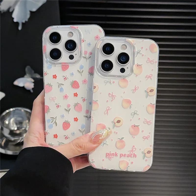 Custodia con fiocco carino fragola tulipano compatibile per IPhone 11 15 16 13 12 14 Pro Max XR 15 16 8 7 Plus XS Max Nuova cover morbida IMD