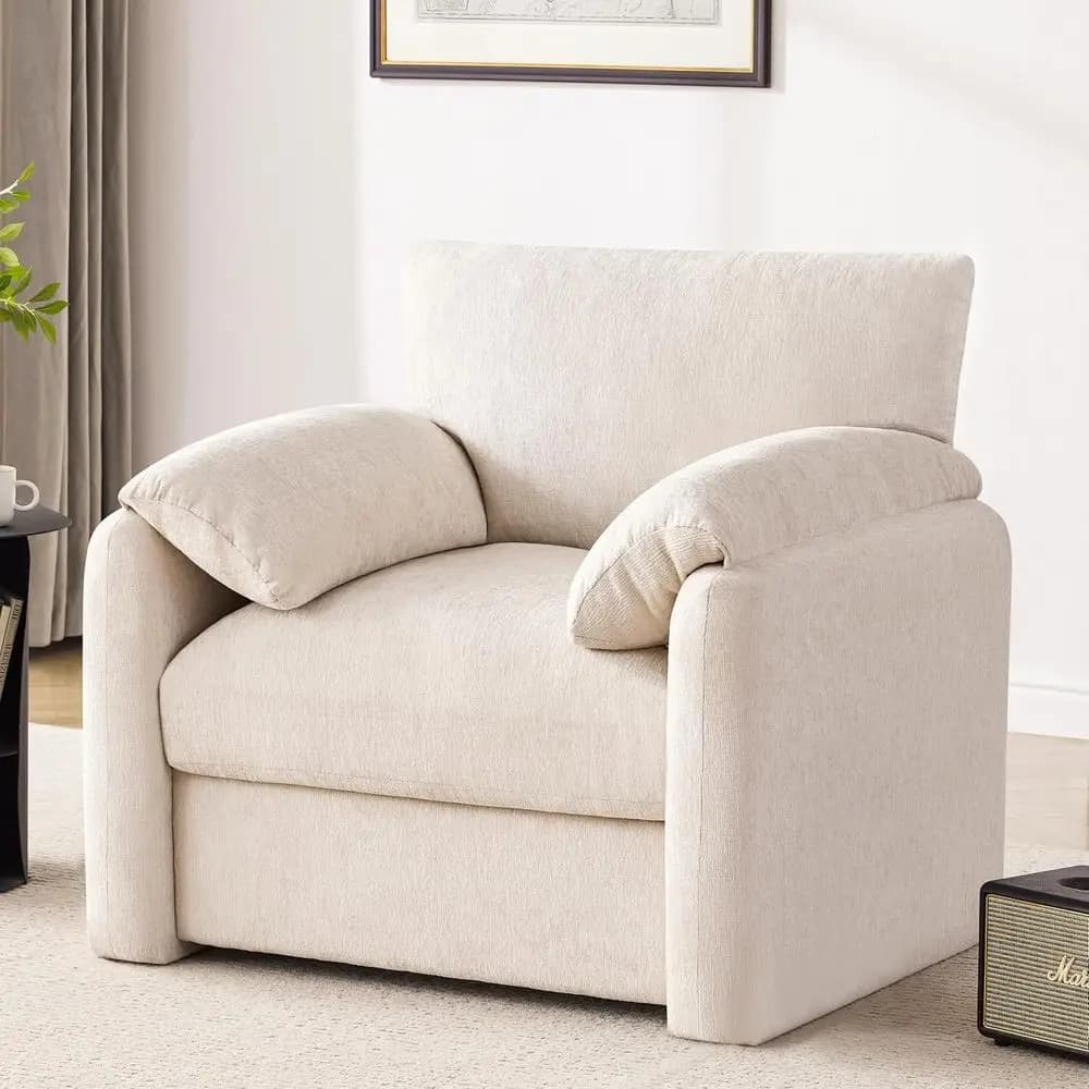 Poltrona Oversize in Ciniglia, Larghezza 38,6 Pollici, Sedia da Lettura Stile Century, Comoda Poltrona per Soggiorno e Camera da Letto, Beige