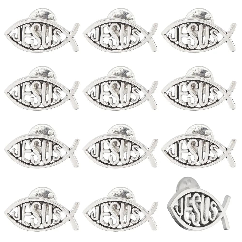 12Pcs Fish with Word Alloy Brooches for Backpack Clothes Silver 29.5x14mm