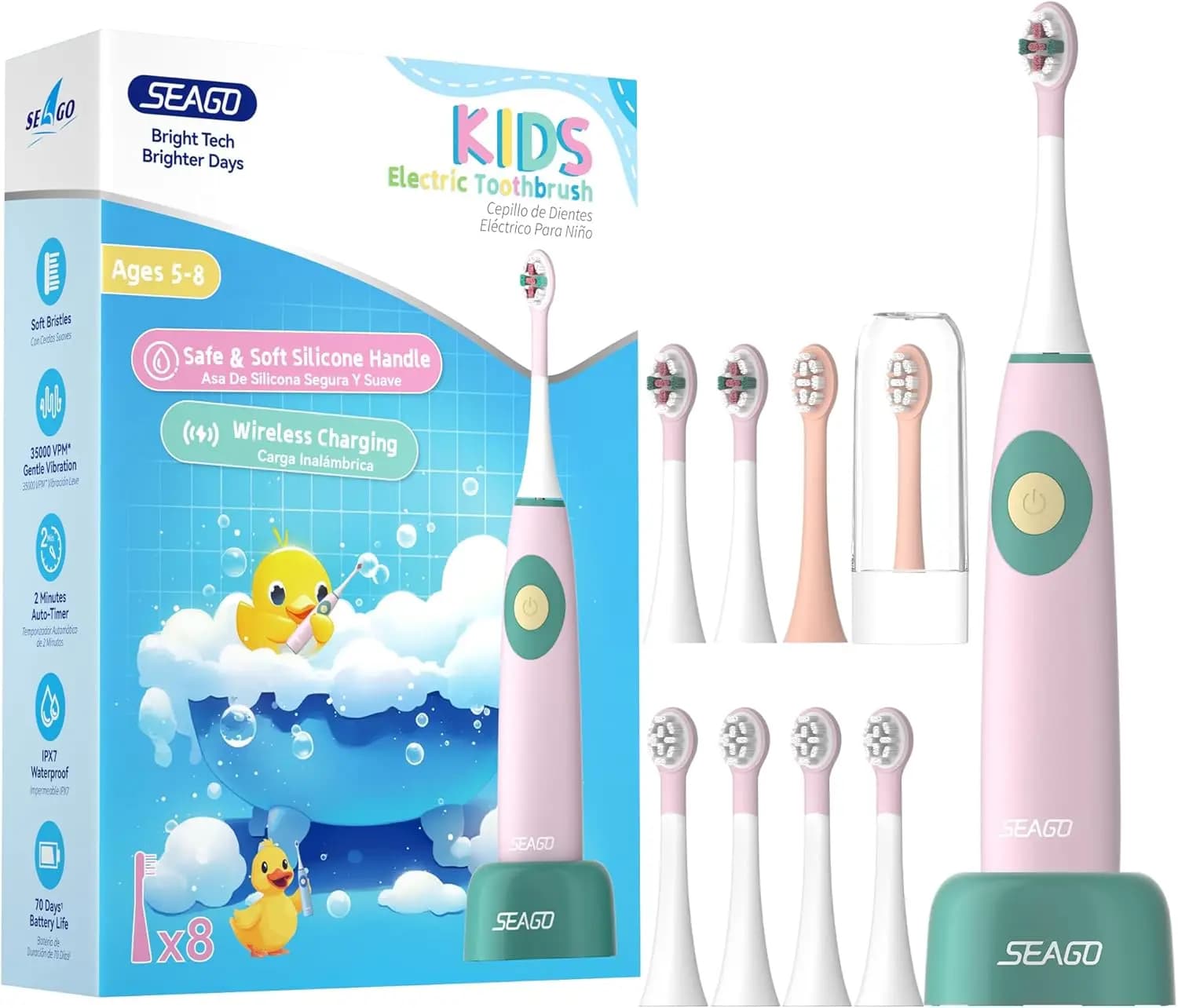 Spazzolino elettrico per bambini dai 5 agli 8 anni con testine morbide, timer, batteria impermeabile e ricaricabile - Rosa