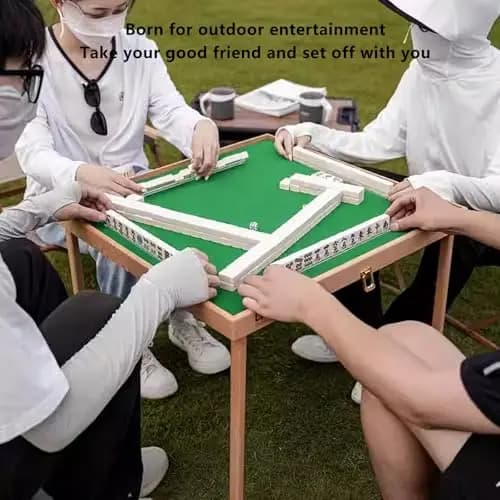 23 Inch Collapsible Mahjong Table With Complete Tile Set For Outdoor Card, Domino And Poker Entertainment
