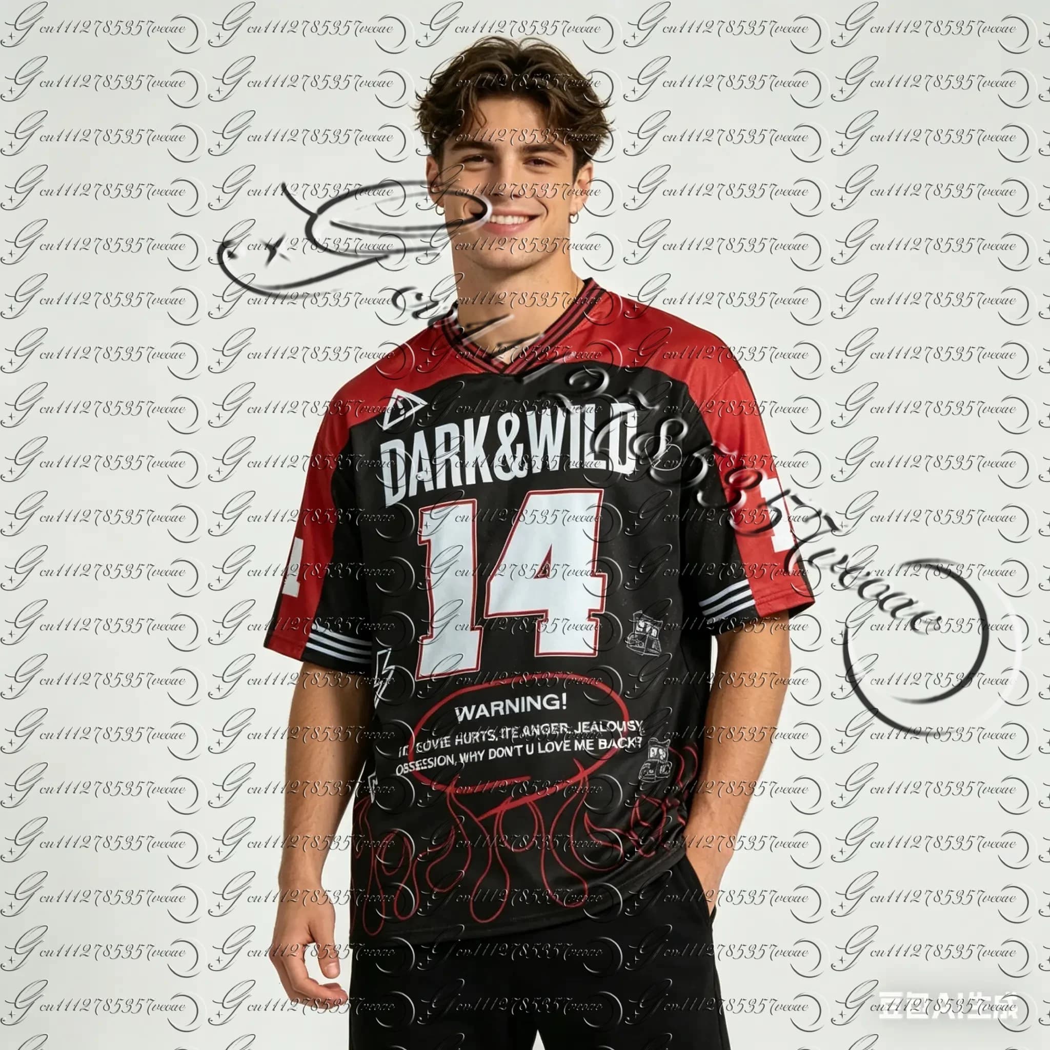 2026 New Men's Dark & Wild Inspired Mesh Football Jersey Black & Red Danger Print Streetwear V-Neck Tees Summer FamilyMatching