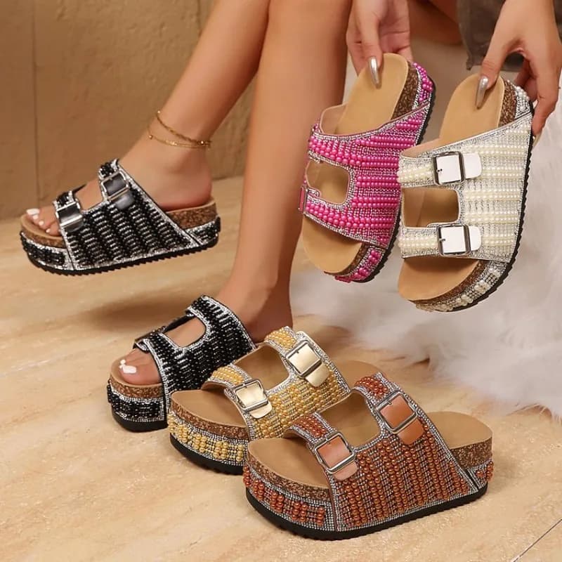 Nuove Ciabatte Estive da Donna con Plateau 2026, Sandali Casual con Doppia Fibbia e Fondo Spesso, Decorati con Perle e Strass