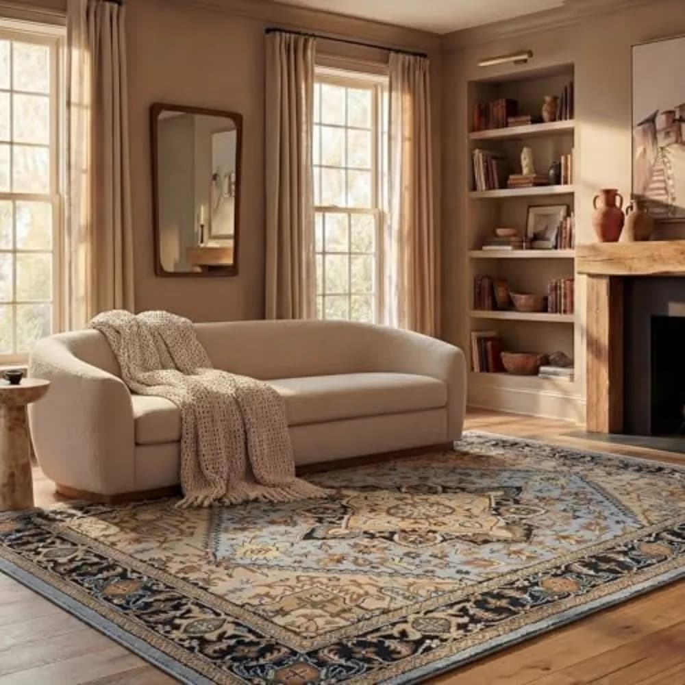 VIKAMA Blue Beige Large Traditional Area Rug Oriental Floral for Living Room Bedroom Dining Room Decor