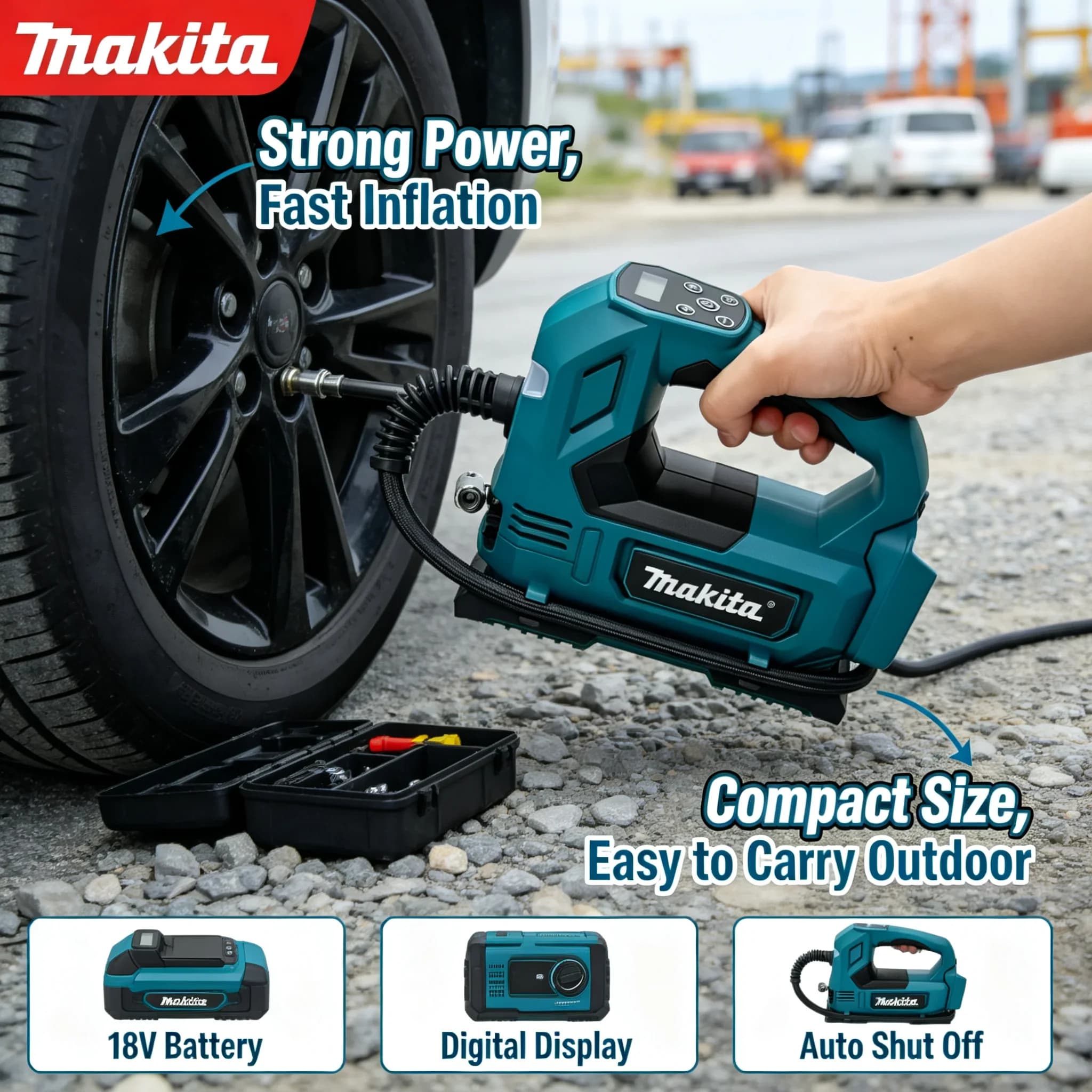 Makita Handheld Cordless Tire Inflator, Portable Electric Air Compressor Pump for 18V Battery, Inflates Car, Bike Tires & Balls