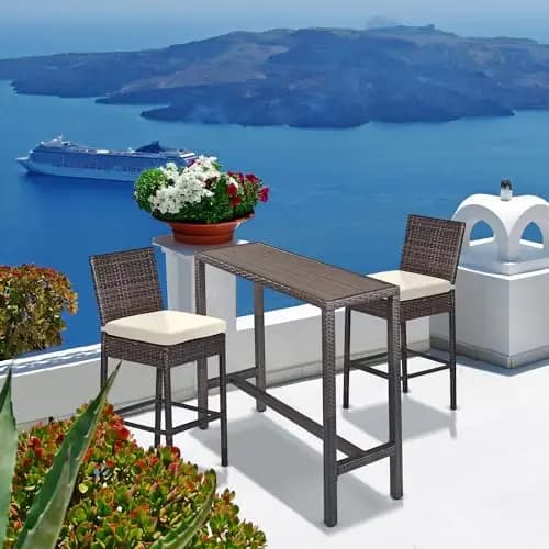 Brown Wicker Rectangular Tall Outdoor Bar Table 45 Inches With Stabilizing Legs For Deck, Balcony, Poolside And Garden Use