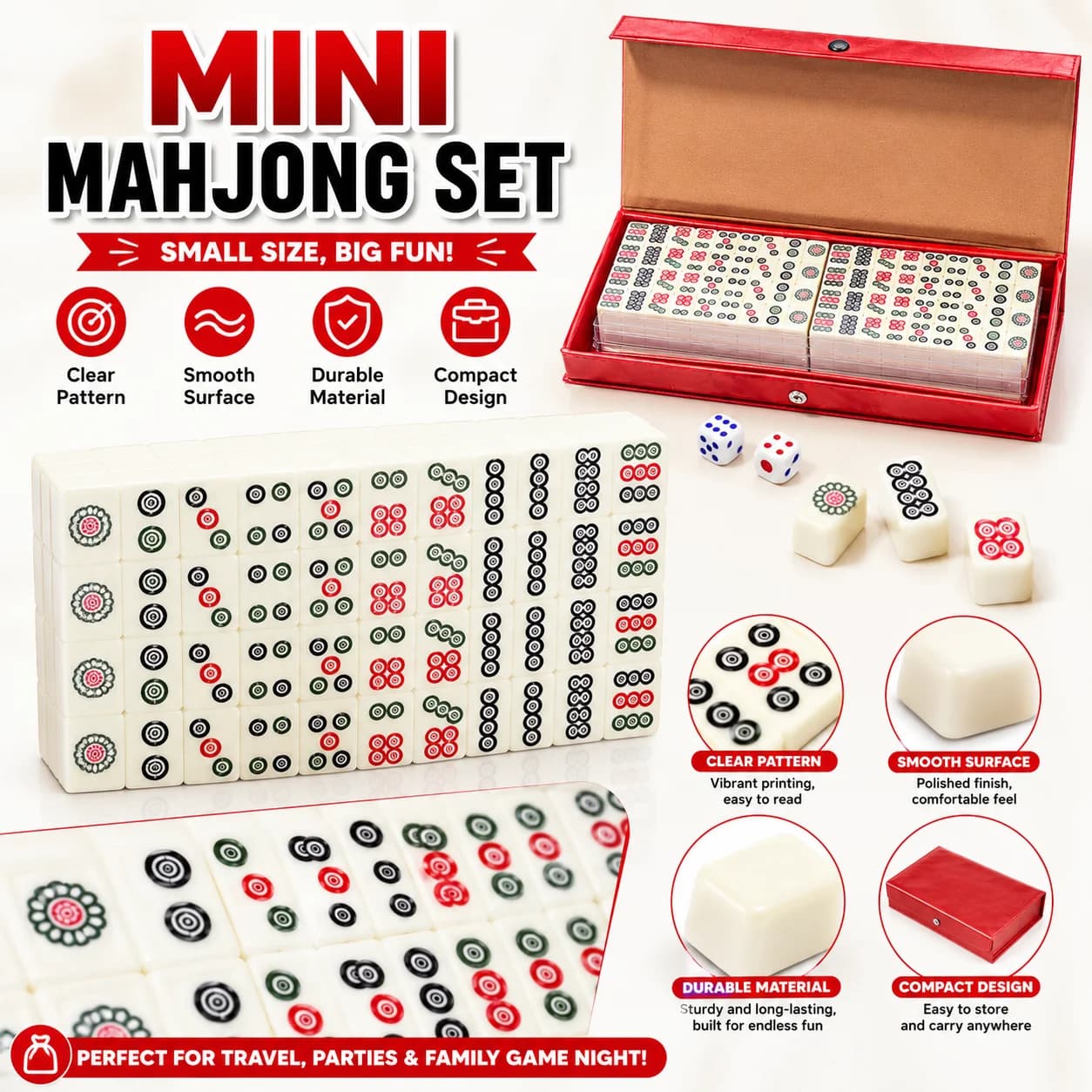 Mini Mahjong Set 144 Tiles Travel Game with 2 Dice Red Storage Case Family Party